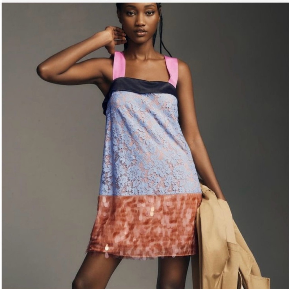 New Anthropologie sleeveless Mini Dress square neckline sequin bottom  Sz XS